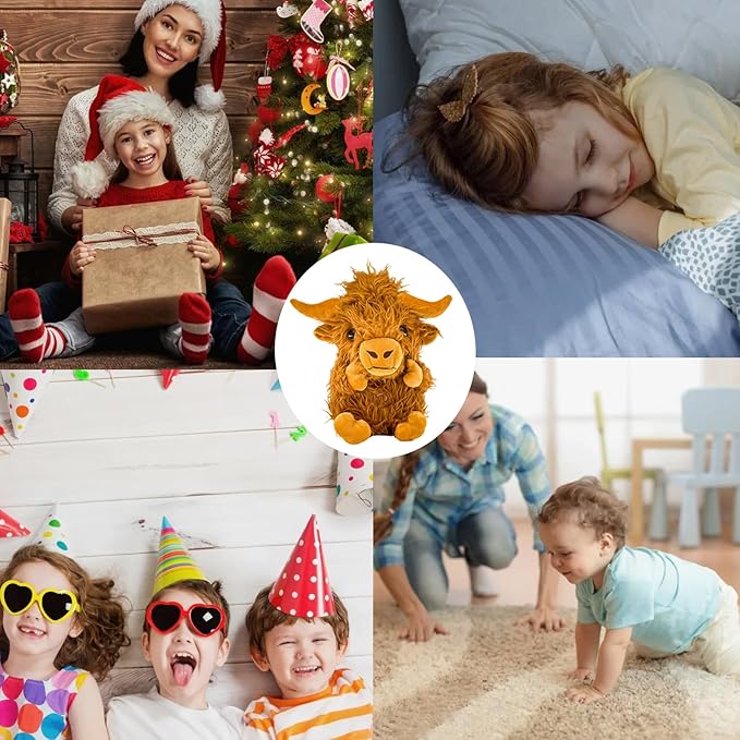 Highland Cow Soothing Breathing Stuffed Animal for Anxiety Kids, Sleeping Cow Plush Toy, Anxiety Stuffed Animal with Realistic Breathing Action and Lighted Music Easter Basket Stuffers