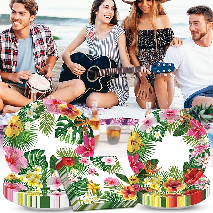 100 Pcs Tropical Luau Party Supplies Set, Serves 25 – Disposable Hibiscus Floral Paper Plates, Napkins, and Forks, Hawaiian Themed Tableware for Summer BBQ, Pool and Beach Aloha Birthday Decorations