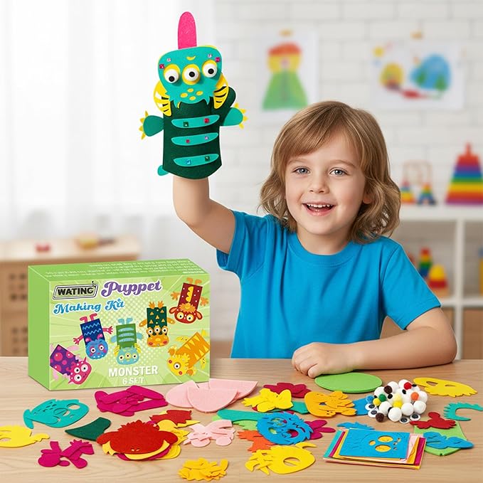 WATINC 6Pcs Hand Puppet Making Kit, Art Craft Felt Sock Puppet Toys, Creative DIY Make Your Own Pompoms Wiggle Googly Eyes Storytelling Role Play Party Supplies Gift for Girls Boys(Monster A)