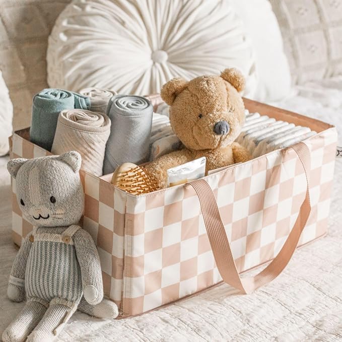 Tiny Twinkle Diaper Caddy Organizer | Foldable Baby Storage Basket with Removable Divider | Waterproof & Mess-Proof Fabric, Portable Nursery Organizer for Newborn Essentials (Beige Checkers)