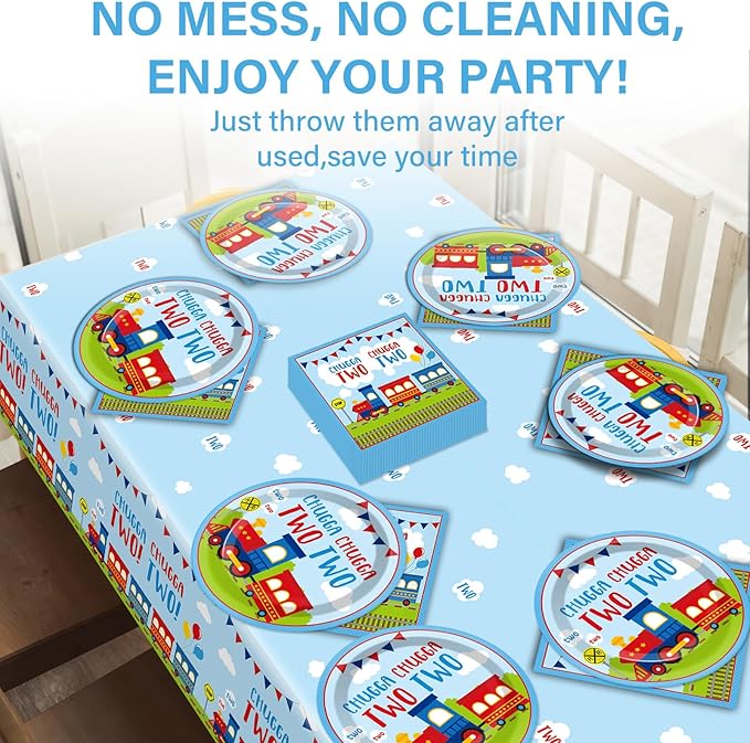 Qyeahkj 24 Guests Chugga Chugga Two Two Birthday Party Paper Plates Napkins Tablecloth Supplies Set Train 2nd Disposable Tableware Dinnerware Decorations Favors for Boys Girls Birthday Party