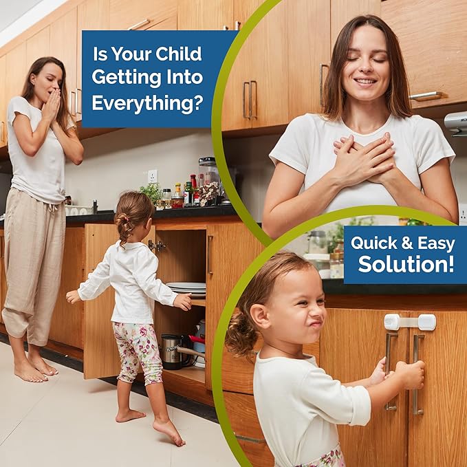 Child Safety Strap Locks (6-Pack) Baby Locks for Cabinets and Drawers, Toilet, Fridge & More. 3M Adhesive Pads. Easy Installation (White/Gray)