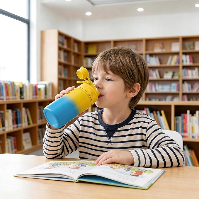 12 oz Kids Water Bottle, 2-in-1 Stainless Steel Vacuum Insulated Water Bottle for Toddler, Spout & Straw, Double Wall Thermal Flask for Boys&Girls, School, Outdoor, Travel (Gradient Yellow & Blue)