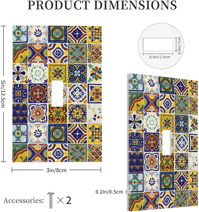 Colorful Mexican Moroccan Boho Tiles Single Toggle Outlet Light Switch Cover Kitchen Yellow/Blue Mosaic Ceramic Talavera Bohemia Tile Decorative One Device 1-Gang Electrical Switch Face Wallplate