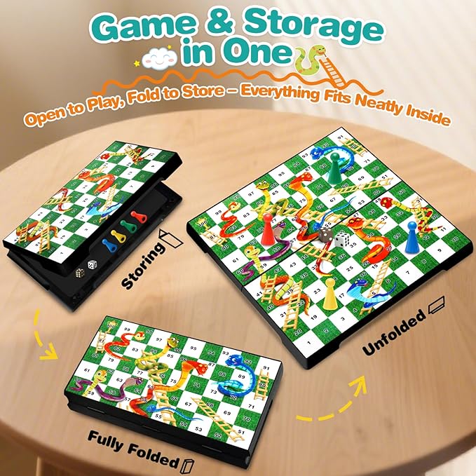 Magnetic Snakes and Ladders Board Game for Kids and Adults - 9" Compact Portable Travel Games with Pieces and Dice, Classic Foldable Family Game Set for 2-4 Players Ages 3 and Up