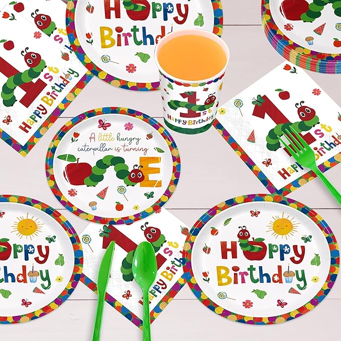 168Pcs Caterpillar 1st Birthday Party Supplies Green Insect Plates Napkins Disposable Tableware Set Hungry Bug Party Decoration for Kids Birthday Baby Shower Serve 24