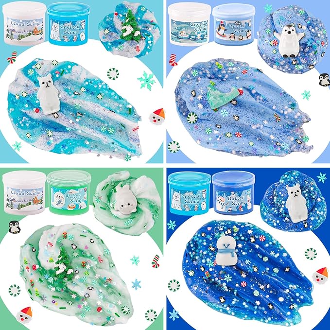 LAWOHO 6 Packs Snow Slime Kit - Butter, Clear, Water, Cloud Slimes, Fluffy Slime Making Kit for Kids with Cute Charms & Add-ins, Blue Kids Slimes Kits for Girls & Boys Birthday Christmas Easter Gifts