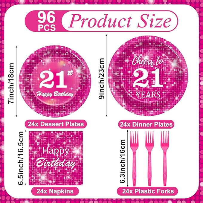 96 Pcs Hot Pink Disco Birthday Party Plates Napkins Tableware Set Pink 21th Supplies Disposable Dinnerware Happy 21 Years Old Decoration Favors for 21th Disco Theme Party Favor, 24 Guests