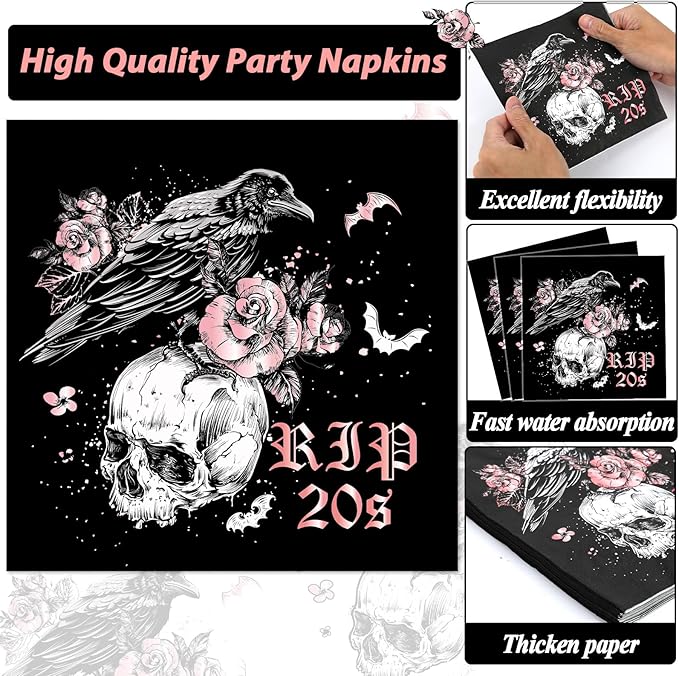 Qyeahkj 100 Pcs 30th Birthday Party Supplies Death to My 20s Paper Plates and Napkins Set Disposable Black Rose Gold Rip to My 20s Tableware Decorations for Women Funeral Youth Party Serve 25 Guests