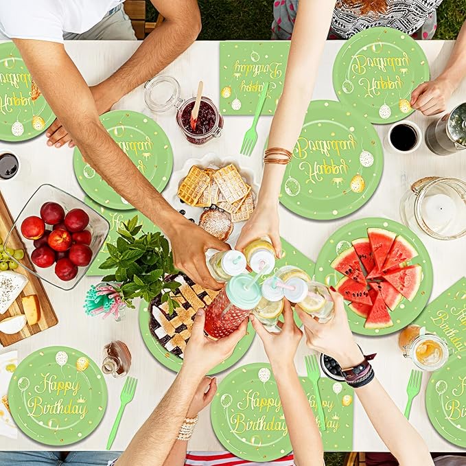 Qyeahkj 100 Pcs Sage Green Birthday Party Supplies Olive Green Gold Paper Plates Napkins Forks Tableware Set Disposable Greenery Happy Birthday Party Decorations for Women Men Girls Favors Serve 25