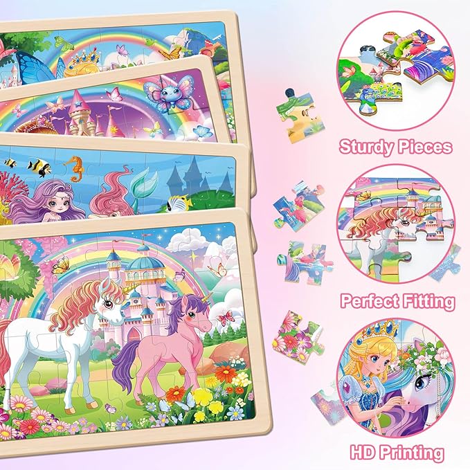 Puzzles for Kids Ages 4-6, 4 Packs 24 Pcs Unicorn Princess Mermaid Wooden Jigsaw Puzzles, Preschool Educational Puzzles Toys Gifts for Girls 3 4 5 6 Years Old