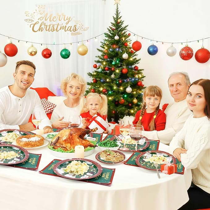 72PCS Christmas Plates and Napkins for Party Decorations, Set of 24 Merry Christmas Disposable Tableware Supplies, Green Red Themed Snowman Paper Plates for Xmas Party