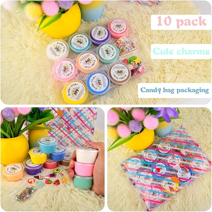 Premium Scented Butter Slime,10 Pack Slime,with Peach Charm,Watermelons,Apples and More Charms,10 Fun Add Ins,Pre-Made Slime for Kids,Great 6 Year Old Toys,Super Soft Sludge Toy.Super Mini