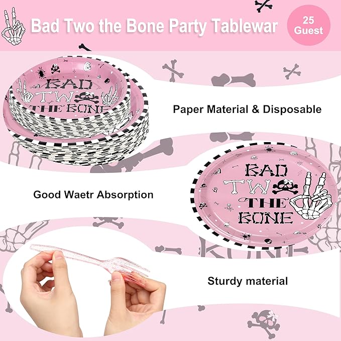 175 PCS Bad Two the Bone Party Decorations Girl, Pink Rock and Roll 2nd Birthday Party Plates and Napkins Skeleton 2nd Birthday Decorations for Girl, Serve 25