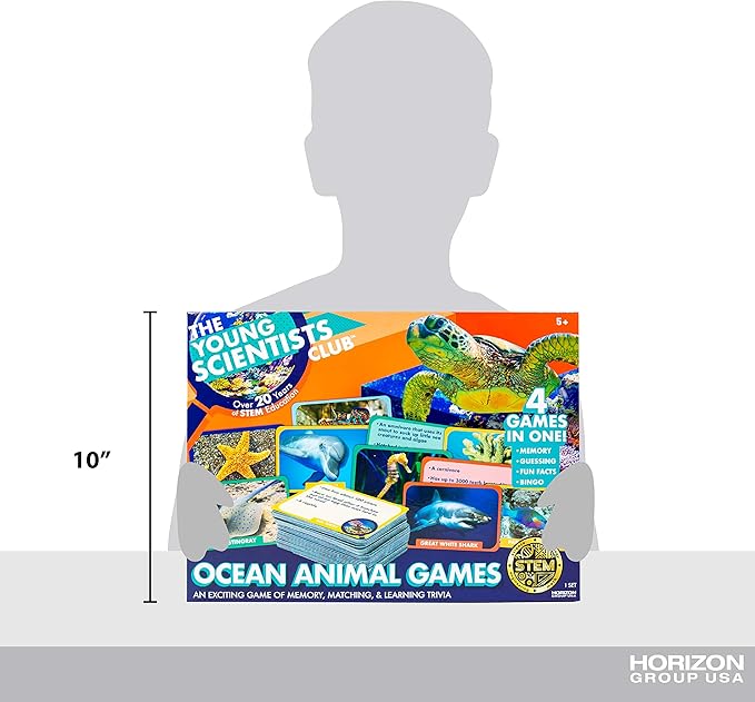 Young Scientist Ocean Animal Card Games - 4 in 1 Matching, Bingo, Memory, Trivia, Hands-On Educational STEM Fun for Age 5 and Up, Blue