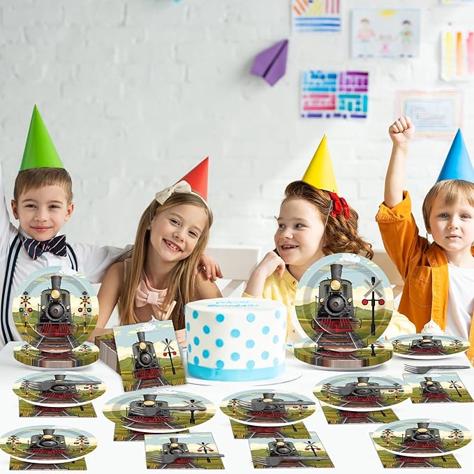 96 Pcs Train Paper Plates and Napkins Party Supplies Steam Train Birthday Disposable Tableware Set Retro Trains Transportation Party Decorations Favors for Baby Shower Dinnerware Favor Serves 24