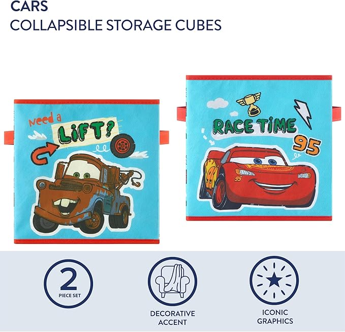 Disney Cars Storage Cubes, Set of 2 Durable 10"x10"x10" Fabric Bins with Handles, Lightning McQueen Organizer Boxes for Kids' Toys, Clothes & Room Décor