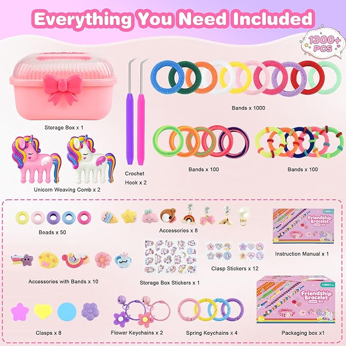 Rubber Band Bracelet Kit for Kids Girls Ages 6-12, 1300+ PCS DIY Craft Kits with 2 Weaving Comb & Organizer, Weaving Loom Kit Toys, Christmas Birthday Valentine Gifts for 7 8 9 10 11 12 Year Old