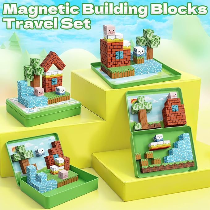 Intoypad Magnetic Blocks Painting Travel Toys for Kids, 48PCS Magnetic Building Blocks with 12 Paint Pens & Iron Box Art Craft Kits Magnet Blocks Cube Birthday Gifts for Boys Girls Road Trip Car Games