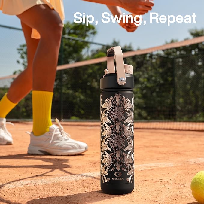 ENCOOL Insulated Water Bottle with Straw Stainless Steel Water Bottle, Leak-Proof, BPA-Free, Double Wall Vacuum Keeps Cold for 24 Hours for Sports, Travel, School (26 oz, Golden Aviary)