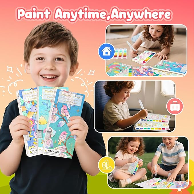 JCREN Watercolor Painting Books, Pocket Watercolor Painting Coloring Kit, Paint with Water Bookmarks Travel Activity Party Favors for Kids Toddlers Gifts for Boys and Girls