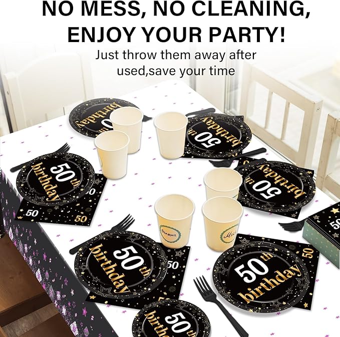 50th Birthday Party Supplies Serves 24 Black and Gold 50 Years Old Party Paper Dessert Plates Napkins Cheers to 50 Years Decorations Tablecloth Set Tableware Kit for Man Retirement Graduation