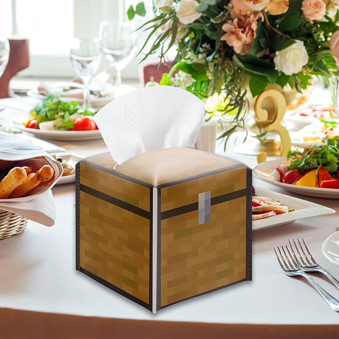 Tissue Box Cover Holder, Treasure Chest Pixel Leather Tissue Box Cover Square, Paper Napkins Everyday Dispenser for Bathroom Night Stands Kitchen Office Home Pixel Theme Decor