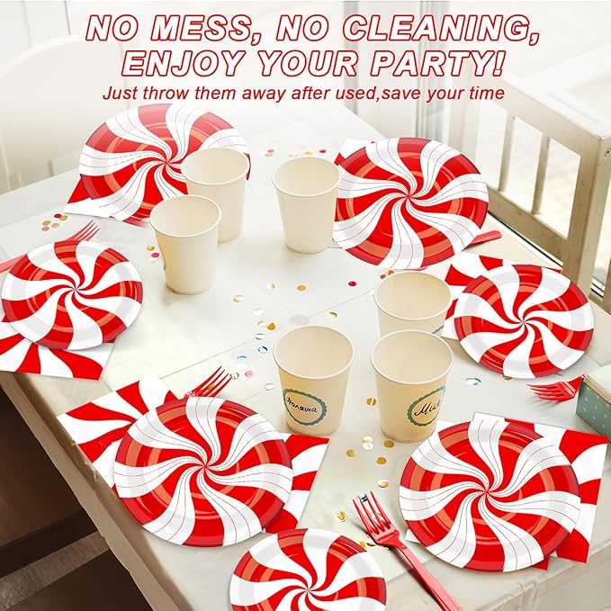 100Pcs Christmas Peppermint Paper Plates and Napkins Party Supplies Candy Cane Party Tableware Set Red and White Striped Christmas Winter Party Decor Favors for Holiday Xmas Theme Party Serves 25