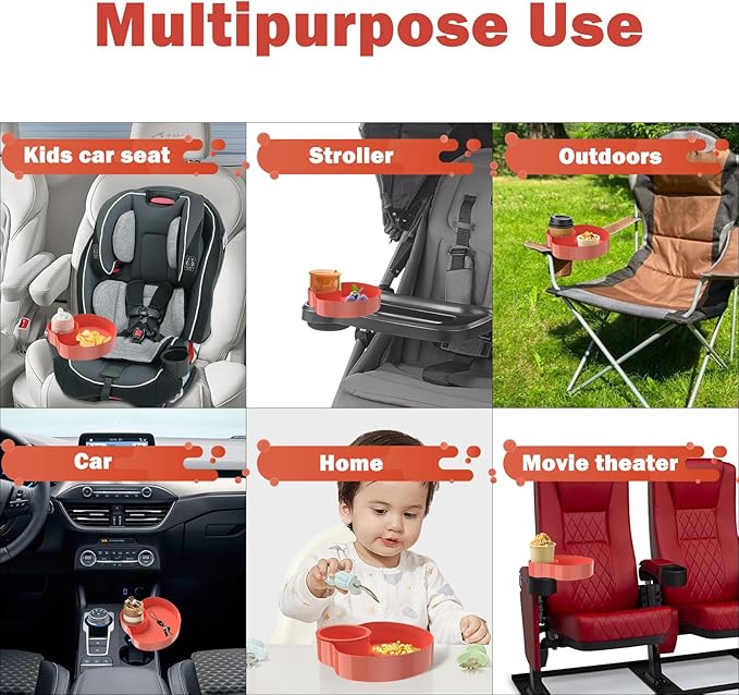 [2 Packs] Kids Car Seat Tray, Travel Tray with Cup Holder for Toddler Baby, Kids Car Seat Food Snack Organizer for Road Trip, Stroller snack Organizer Travel Must Haves Toddler Must Haves (Orange)