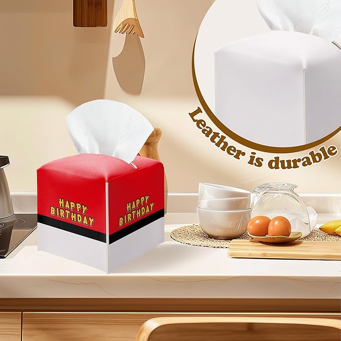Happy Birthday Tissue Box Cover, Red and White Tissue Box Holder Square Leather Facial Paper Organizer, Themed Birthday Party Baby Shower Tableware Decorations