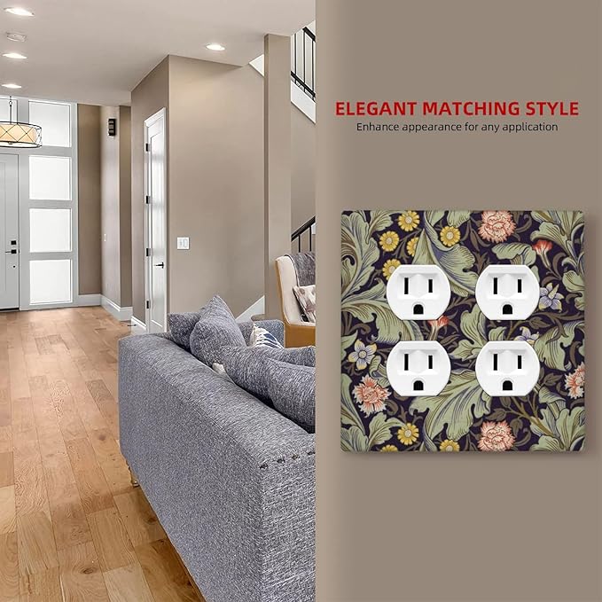 Boho William Morris Floral Green Leaves Flower Outlet Covers 2 Gang Double Duplex Decorative Light Switch Covers Electrical Wallplates Socket Faceplate for Farmhouse Home Decor