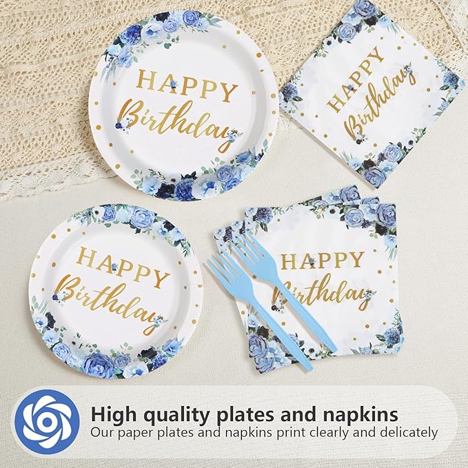 Grencian 96 Pcs Blue Flower Birthday Party Supplies Blue Floral Plates and Napkins Floral Themed Tableware Sets for Women Girls Birthday Party Decorations Serves 24