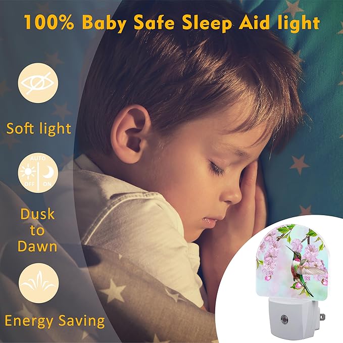 Hummingbird and Cherry Blossoms Night Light for Kids,Birds and Pink Flowers Plug in Night Light with Dusk to Dawn Sensor, 0.5w Energy Saving Nightlight for Hallway Stairway Kitchen Bedroom