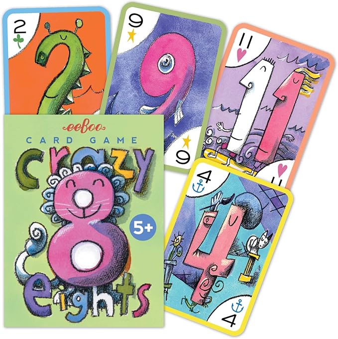 eeBoo Crazy Eights Playing Card Game - 50 Beautifully Illustrated Cards, Easy to Learn Classic Card Game, Screen-Free Fun for Kids Ages 5+