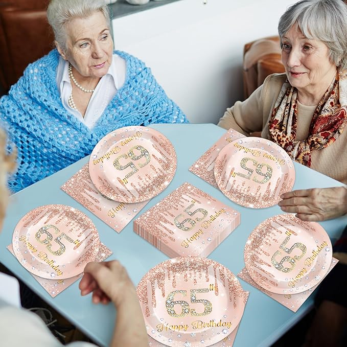 50Pcs Rose Gold 65th Birthday Party Paper Plates and Napkins Women Rose Gold 65 Years Old Table Decorations Happy Sixty-five Years Old Tableware Set Serves 25 Guest Pink 65th Birthday Party Supplies
