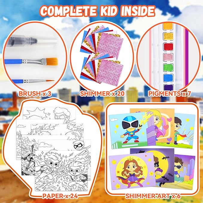 CHICAUP Paint with Water Coloring Books Shimmer Art Kit for Kids, Superhero Themed Arts and Crafts Set with Watercolor Painting Kit, Travel Art Supplies for Boys Girls Ages 4-8 Birthday Christmas