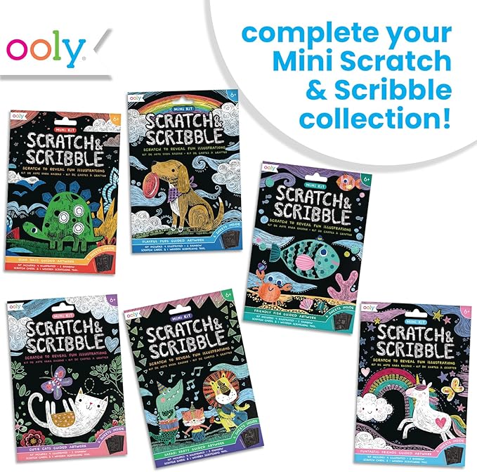 Ooly Mini Scratch & Scribble Art Kit - 6 Card Rainbow Scratch Art Set Gifts for Kids, Travel-Friendly Craft Kit, Scratching Tool Included - Funtastic Friends