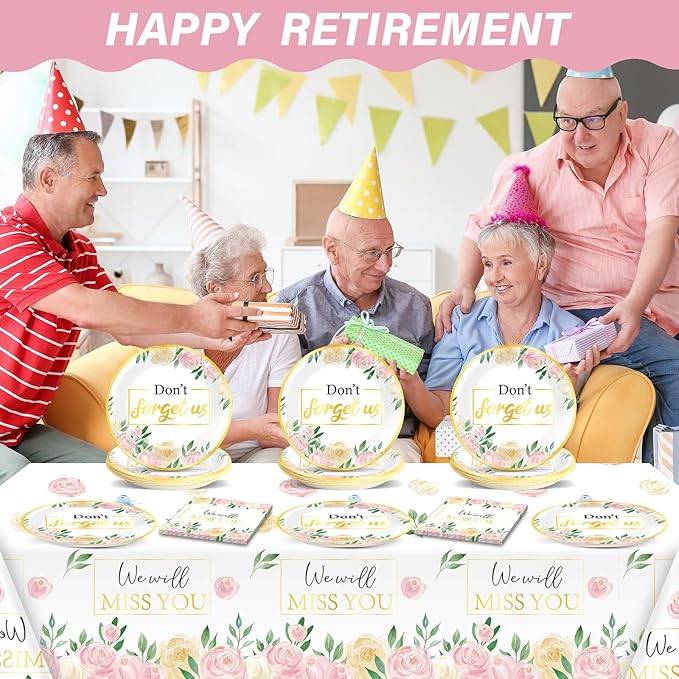 Floral Farewell Party Supplies Serves 24 We Will Miss You Paper Plates Napkins Retirement Decor Don't Forget Us Theme Tablecloth Set Tableware Kit for Goodbye Office Good Luck Going Away Party Favor