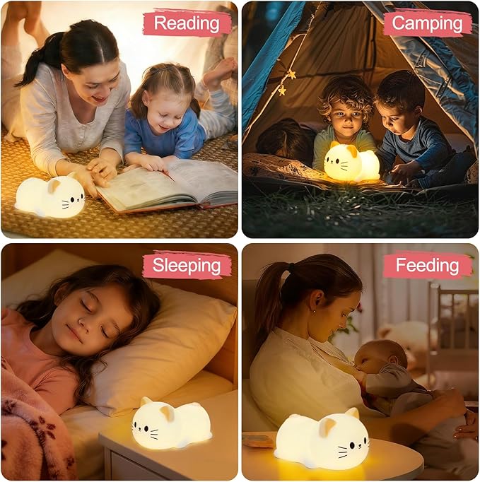 Cat Night Light & Lamp for Baby Nursery - Soft Lying Kitty Nightlight, Dimmable and 7 RGB Colors, Switchable Animal Sound,Rechargeable BPA-Free,Good for Room Decor,Valentines Day, Holiday Gifts