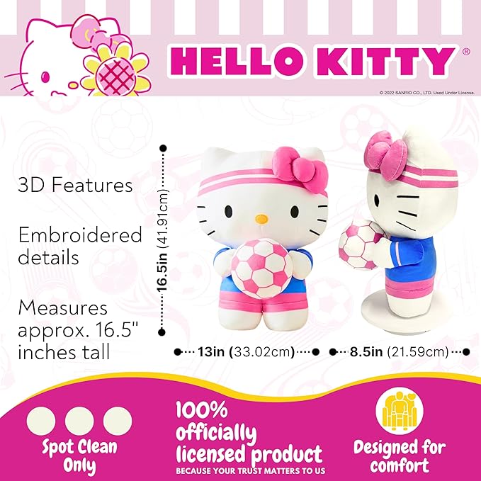 Hello Kitty Sports Soccer Plush Cuddle Pillow Buddy, Kids Bedding Super Soft Kawaii Pillow, 16.5" Tall, 2026 World Soccer Tournament (Officially Licensed Product) by Franco Collectibles