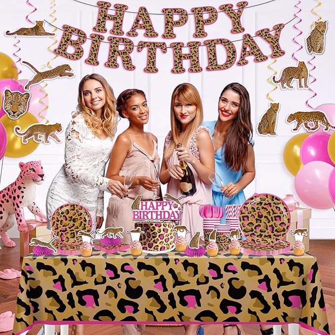 cocomigo 193pcs Cheetah Birthday Decorations Tableware Set, Serves 25 Guests, Cheetah Print Birthday Decorations includes 300 gsm Plates, Balloons, Tablecloths, for Leopard Theme Party Supplies