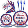 100Pcs Military Welcome Home Decorations Patriotic Army Soldier Homecoming Plates Napkins Proud of You Deployment Returning Party Decor Supplies Red White Blue Welcome Home Tableware Serve 25 Guests