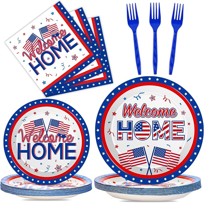 100Pcs Military Welcome Home Decorations Patriotic Army Soldier Homecoming Plates Napkins Proud of You Deployment Returning Party Decor Supplies Red White Blue Welcome Home Tableware Serve 25 Guests