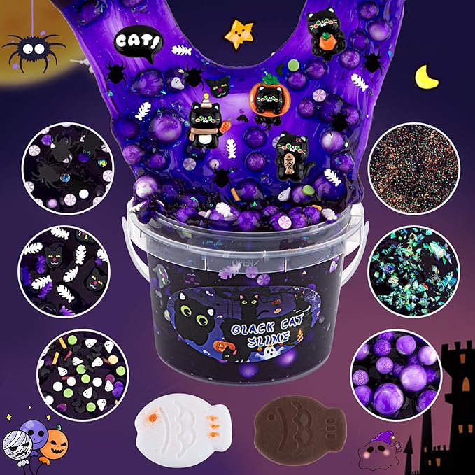 LAWOHO 300ml Black Cat Slime Kit with Clay, Purple Clear Slime Bucket for Girls & Boys with 9 Packs Cat Add-Ins for Kids Slime Toys, Non Stick Slime Making Kit for Birthday Halloween Christmas Easter