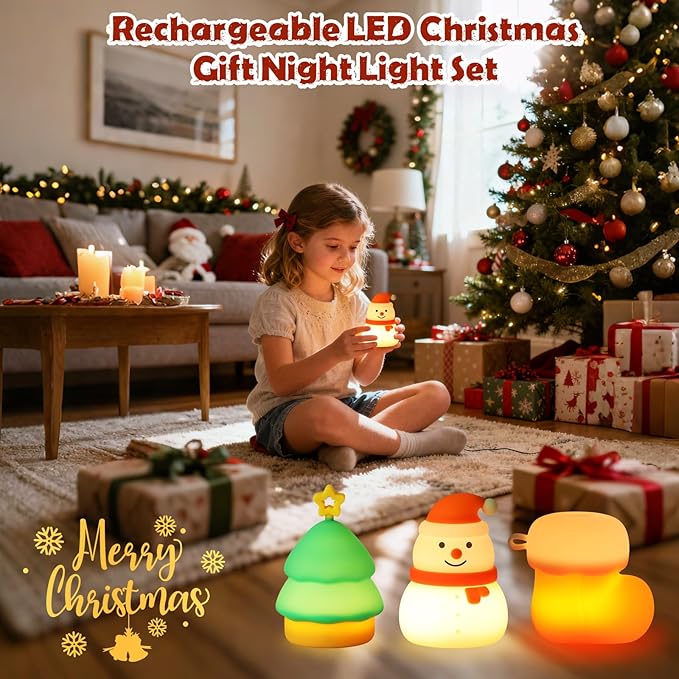 Christmas Night Light Set of 3,Rechargeable Dimmable Christmas Snowman Night Lamp,Cute Christmas Tree Decor Nightlight for Nursery Kids Hangable Squishy Silicone Boot Lights Gifts Holiday Decor