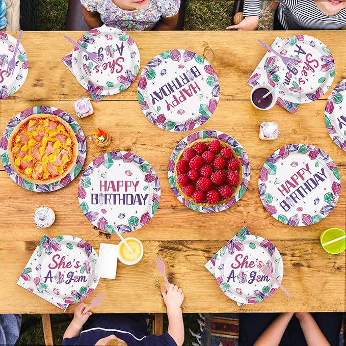 96Pcs Pink & Purple Gem Stone Birthday Party Supplies She's a Gem Plates and Napkins Disposable Pink Purple Jewel Crystal Diamond Tableware Set for Girls Happy Birthday Party Decorations Serves 24
