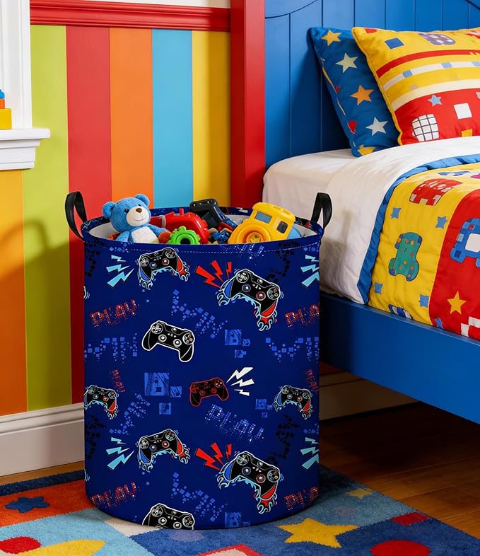 Game Laundry Basket Baby Hamper Dirty Clothes hamper Baby Nursery Hamper Gift Baskets Toy Storage Bin Boy Room Decor(Blue Games)
