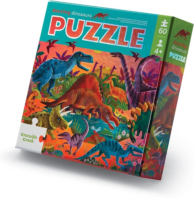 Crocodile Creek 60-Piece Holographic Foil Floor Puzzle for Kids Ages 4-8 and Up - Heavy-Duty Box for Storage - Dazzling Dinosaurs - 14” x 19” Finished