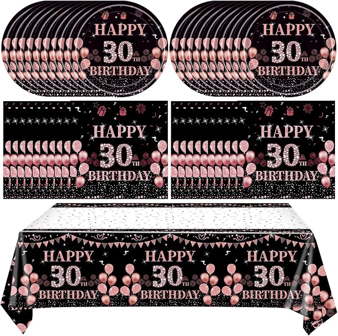 41pcs 30th Birthday Decorations for Her, 30th Birthday Decorations for Women, Rose Gold 30th Birthday Supplies for 20 Guest Happy 30th Birthday Party Tableware Includes Plates Napkins and Tablecloth