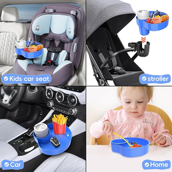 [2 Packs] Kids Car Seat Tray, Travel Tray with Cup Holder for Toddler, Kids Car Seat Food Snack Tray for Road Trip, Stroller snack tray travel must haves - Blue Color